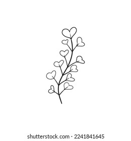 Branch with hearts in black isolated on white background. Vector doodle sketch illustration in simple vintage engraved style. HAppy st. Valentines day, love concept, gift, heart leaves.