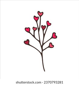 A branch with hearts. Cute romantic illustration. The 14th of February. Valentine's Day. Vector hand-drawn doodles. Postcard design. Sketch, icon, clipart.