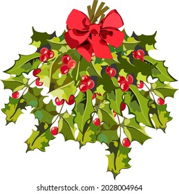 Branch of holly with berries and red bow. A bouquet of Christmas.