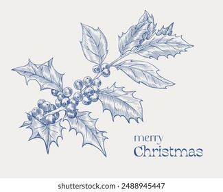 A branch of a holly tree Merry Christmas. Toile art Vector vintage template, blue and light beige colors. Hand drawn illustration for design greeting card , winter holiday decor