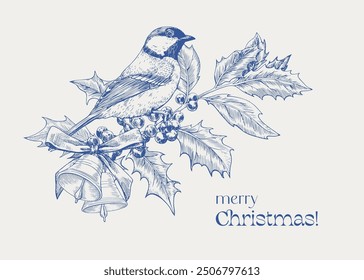 A branch of a holly tree with tit bird and bells, bow, Merry Christmas. Toile art vintage illustration, blue and beige. Hand drawn Vector background for design greeting card , new year holiday decor
