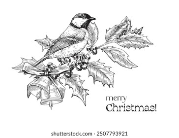 A branch of a holly tree with tit bird and bells, bow, Merry Christmas. Vintage illustration, black and white. Hand drawn elements. Vector background for design greeting card , new year holiday decor