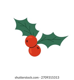 Branch holly with two red berries. Traditional Christmas plant with green leaves. Flat vector illustration on white.