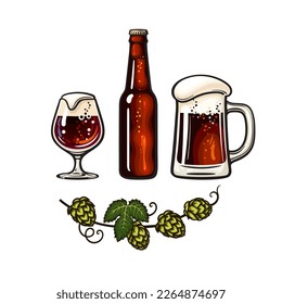 Branch of hop, big mug full of beer with foam and bubbles, bottle and Snifter beer glass. Design elements for pub, bar decoration, beer production, brewery. Hand drawn vector illustration.