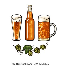 Branch of hop, big mug full of beer with foam and bubbles, bottle and  Weizen beer glass. Design elements for pub, bar decoration, beer production, brewery. Hand drawn vector illustration.