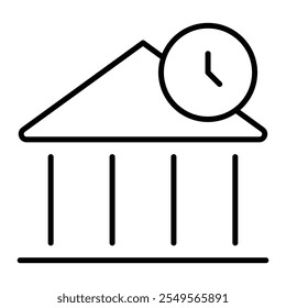 Icono de signo de horario de sucursal con reloj al lado de un edificio bancario