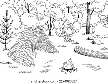 Branch hut graphic black white landscape sketch illustration vector