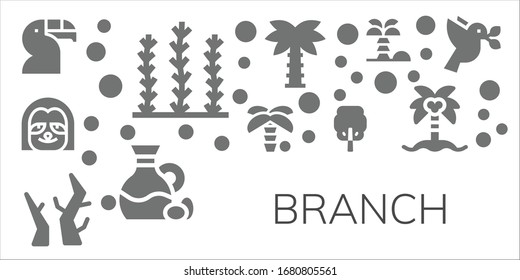 branch icon set. 11 filled branch icons.  Simple modern icons such as: Toucan, Seaweed, Sloth, Palm tree, Branches, Tree, Olive, Coconut tree, Dove