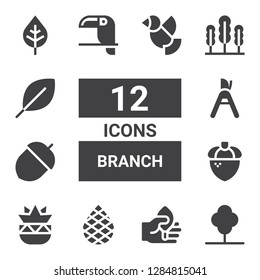 branch icon set. Collection of 12 filled branch icons included Tree, Leaf, Palm, Botanical, Acorn, Pruning shears, Toucan, Seaweed, Dove