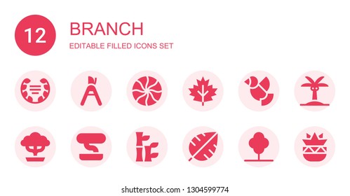 branch icon set. Collection of 12 filled branch icons included Laurel, Pruning shears, Mint, Leaf, Dove, Bonsai, Bamboo, Tree, Palm tree, Botanical