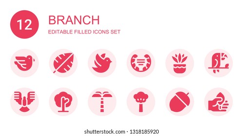 branch icon set. Collection of 12 filled branch icons included Dove, Leaf, Laurel, Fern, Tree, Palm tree, Acorn, Toucan