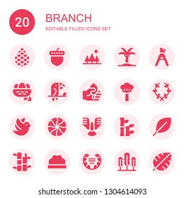 branch icon set. Collection of 20 filled branch icons included Palm, Acorn, Tree, Palm tree, Pruning shears, Nest, Toucan, Leaf, Laurel, Dove, Mint, Bamboo, Bush, Seaweed
