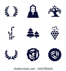 Branch icons. set of 9 editable filled branch icons such as nest, grape, bamboo, tree, olive branch, olive wreath, pine tree