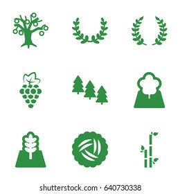 Branch icons set. set of 9 branch filled icons such as nest, grape, pine tree, bamboo, tree, olive branch, olive wreath