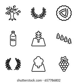 Branch icons set. set of 9 branch outline icons such as nest, grape, oil, pine tree, tree, olive branch, olive wreath