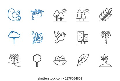 branch icons set. Collection of branch with palm tree, leaf, nest, tree, dove, trees, sloth, pigeon. Editable and scalable branch icons.