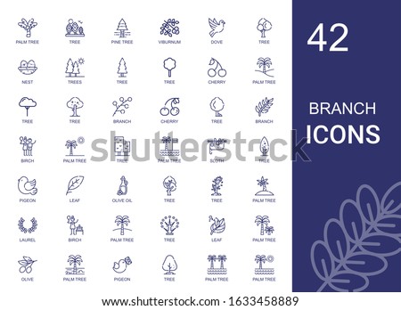 branch icons set. Collection of branch with palm tree, tree, pine tree, viburnum, dove, nest, trees, cherry, birch, sloth, pigeon, leaf, olive oil. Editable and scalable branch icons.