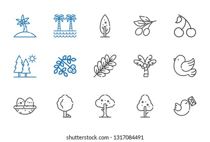 branch icons set. Collection of branch with pigeon, tree, nest, palm tree, viburnum, trees, cherry, olive. Editable and scalable branch icons.