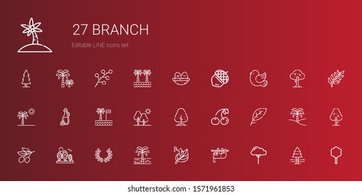 branch icons set. Collection of branch with tree, sloth, leaf, palm tree, laurel, olive, cherry, olive oil, pigeon, acorn, nest, pine tree. Editable and scalable branch icons.