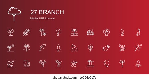 branch icons set. Collection of branch with tree, palm tree, olive, birch, pigeon, cherry, leaf, pine tree, olive oil. Editable and scalable branch icons.