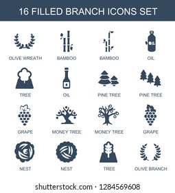 branch icons. Trendy 16 branch icons. Contain icons such as olive wreath, bamboo, oil, tree, pine tree, grape, money tree, nest, olive branch. branch icon for web and mobile.