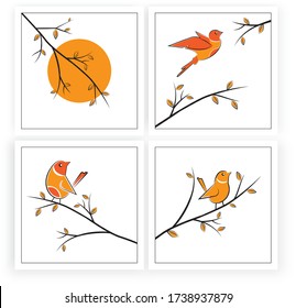 Branch illustration with birds silhouettes on sunset, vector. Scandinavian minimalist art design. Four pieces poster design, artwork. Nature Art Design, Wall Decals, artwork. Modern art design