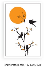 Branch illustration with birds silhouettes on sunset, vector. Scandinavian minimalist art design. Poster design, artwork. Nature Art Design, Wall Decals, artwork. Modern art design