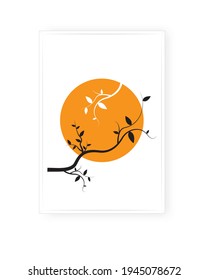 Branch illustration on sunset, vector, Wall Decals isolated on white background. Tree silhouette. Minimalist modern poster design in frame. Scandinavian wall art, artwork 