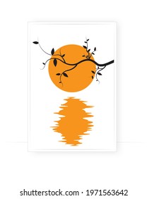Branch illustration on sunset, vector. Scandinavian minimalist poster design. Modern wall art design, artwork. Beautiful painting design. Home decoration
