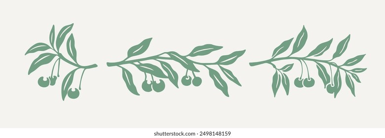 Сherry branch. Illustration of twig in simple hand drawn style. Flat vector illustration.