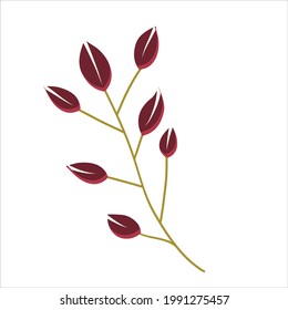 The branch is isolated by red leaves on a white background. A branch in flat boho style for decorating jewelry, cards and invitations. Vector illustration of colors.