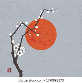 Branch of japanese sakura cherry in white blossom and red sun on grey  background. Traditional oriental ink painting sumi-e, u-sin, go-hua. Translation of hieroglyph - blossom.