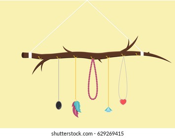 branch with jewelry DIY, Do it yourself handcraft flat design vector graphic