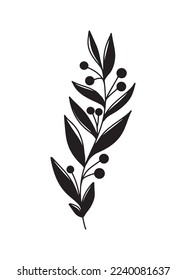 Branch with leaves and berries in black isolated on white background. Hand drawn vector silhouette illustration in modern trendy simple doodle outline style. Floral trendy design, print