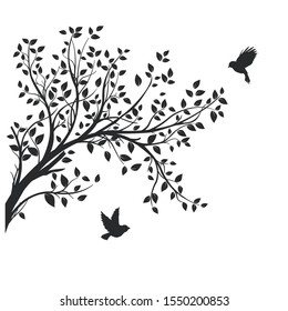 Branch with leaves, birds - Vector