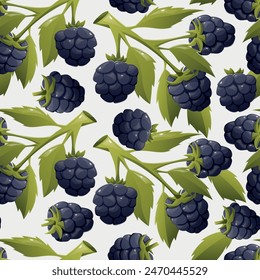 Branch with leaves and black ripe blackberries. Vector seamless cartoon pattern.