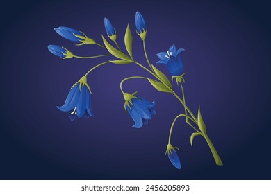 Branch with leaves and bluebell flower buds. Vector isolated cartoon illustration of a wild field plant.