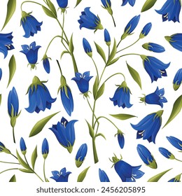 Branch with leaves and bluebell flower buds. Vector seamless cartoon pattern of a wild field plant.