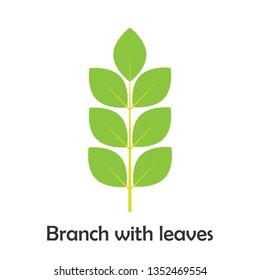 Branch with leaves in cartoon style, spring card for kid, preschool activity for children, vector illustration