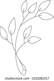 Branch with leaves drawn in one continuous line, a botanical silhouette in a minimalist style Black and white line art decoration of branch with leaves. Vector isolated clipart. 