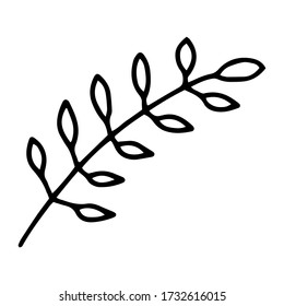 Branch with leaves drawn in the style of Doodle.Outline drawing by hand.Botanical illustration.Black and white image.Monochrome.Simple drawing.Vector