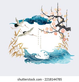 Branch with leaves and flower decoration in vintage style. Cherry blossom with crane birds element. Art natural landscape background with watercolor texture vector. Hand drawn wave and cloud object.