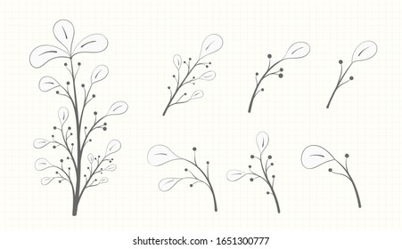 A branch with leaves in a gray tone and a set of small branches isolated on a light background