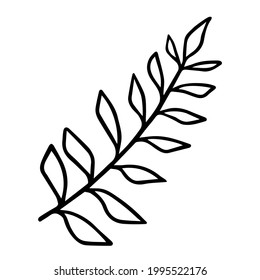 Branch with leaves. Hand drawn black doodle outline silhouette of plant twig. Stock vector minimal illustration isolated on white background.
