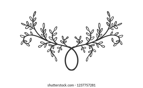 Branch with leaves hand drawn ornaments, handmade illustration.