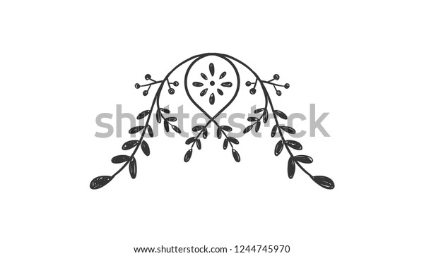Branch with leaves hand drawn ornaments,\
handmade illustration.