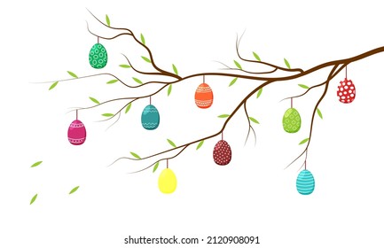 Branch with leaves and hanging eggs. Easter card. Vector illustration