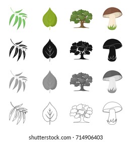 Branch with leaves, leaf, tree in the forest, mushroom. Forest set collection icons in cartoon black monochrome outline style vector symbol stock illustration web.