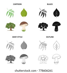Branch with leaves, leaf, tree in the forest, mushroom. Forest set collection icons in cartoon black monochrome outline style vector symbol stock illustration web.