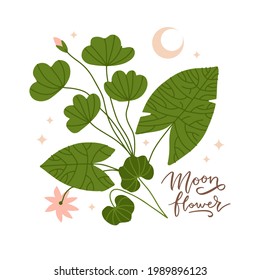 Branch with leaves, lotus flower and moon crescent silhouette with stars vector illustration. Boho style drawing for wall art poster print. Mystic concept design with lettering quote - Moon flower.